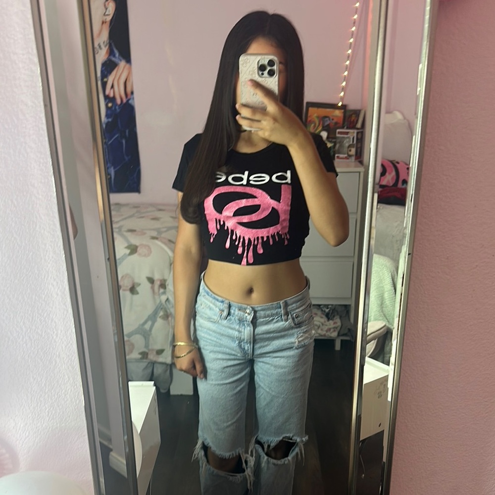 Bebe Black Crop Top with Pink Graphic